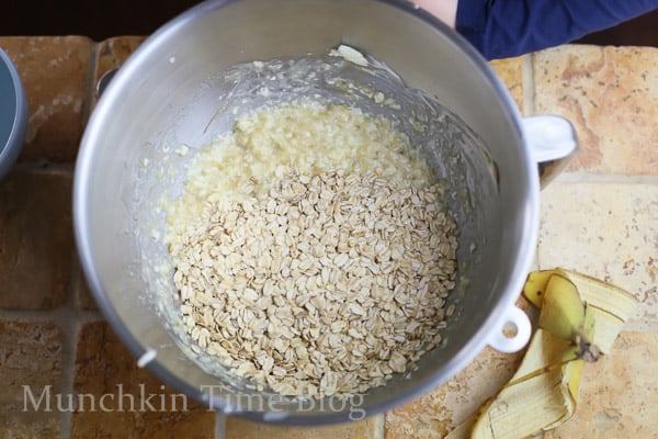 Add flour mixture and oats and mix until combined.
