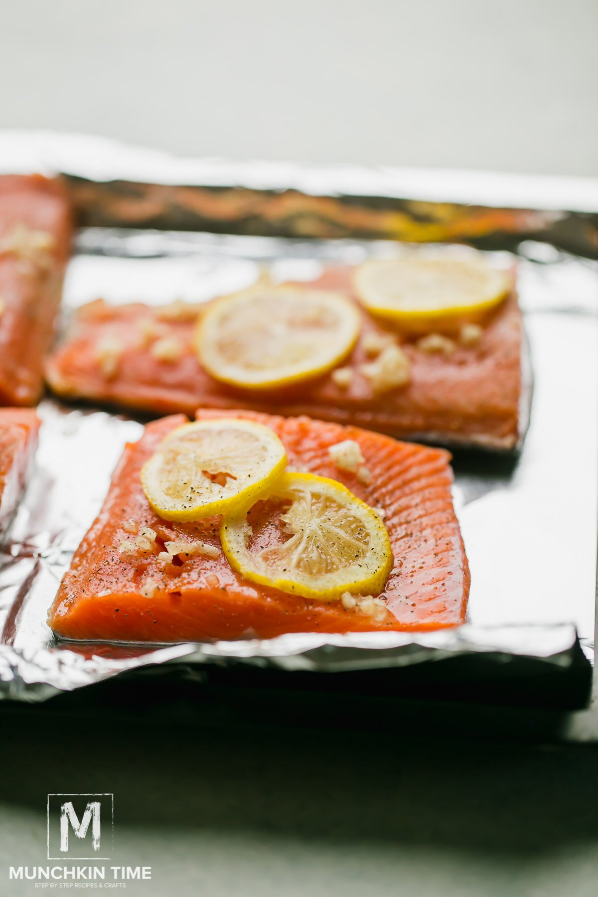 Salmon on a baking sheet.