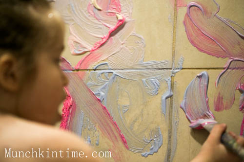 2-Ingredient Kids Bath Paint DIY - perfect for kids to paint on a wall while taking a bath.