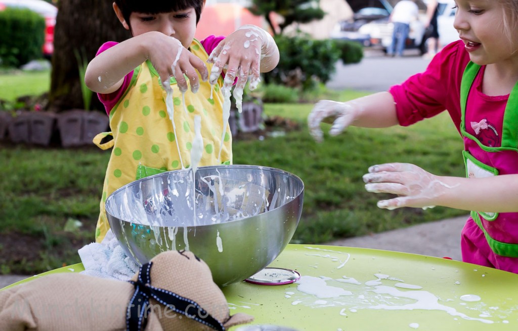 Girls playing with slime.