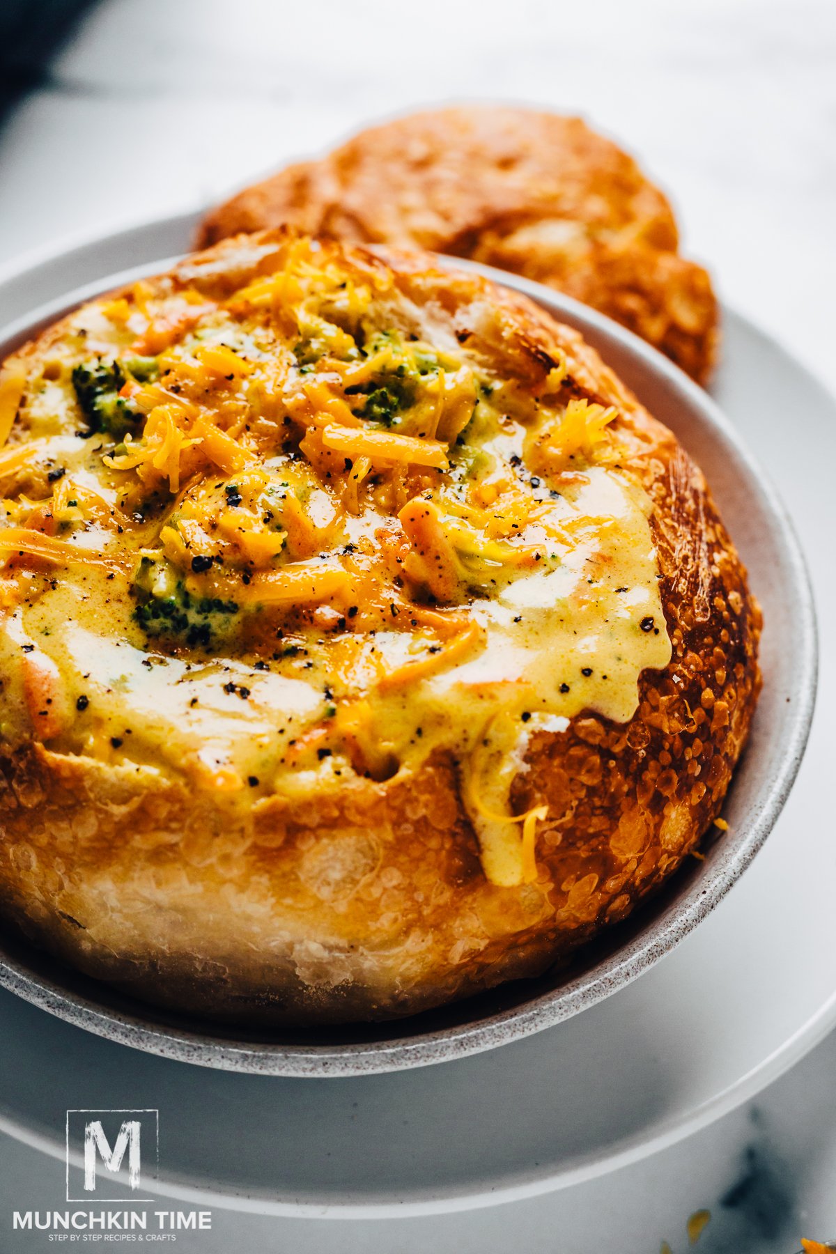 Broccoli Cheese Soup in bread bowl