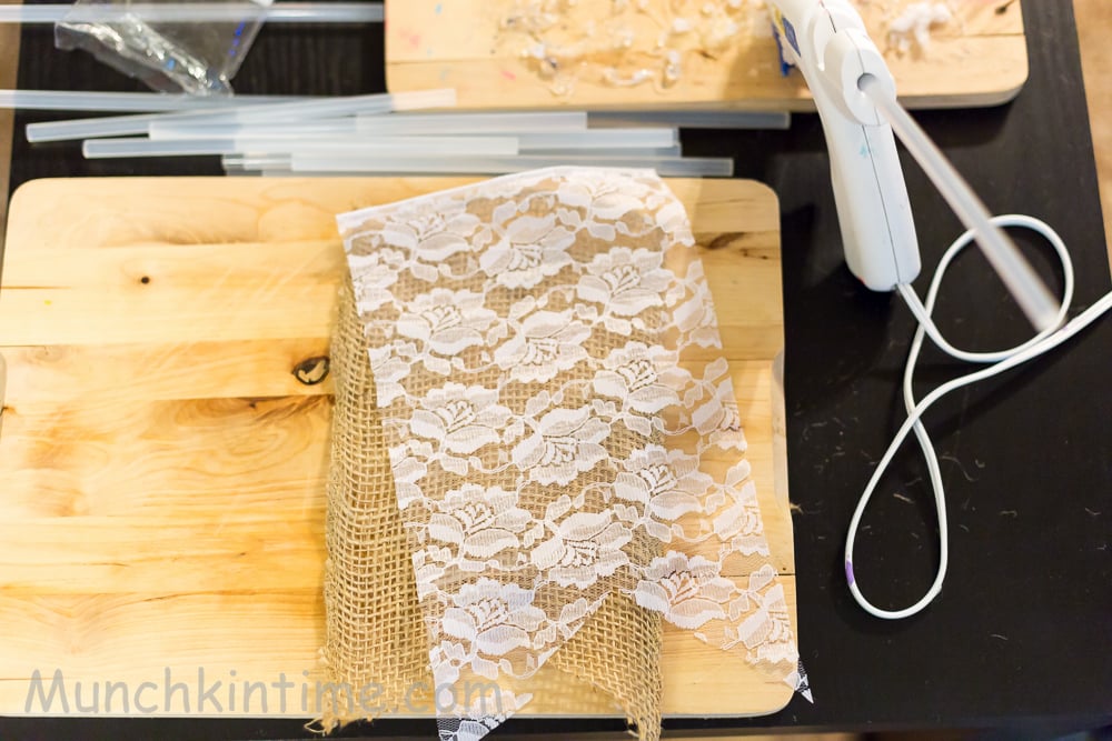 Cut lace the same way you cut burlap. Lace placed over the burlap. 