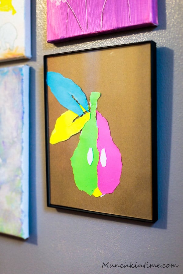 Easy construction paper craft for kids called Torn Paper Pear. 