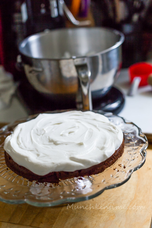 Moist #ChocolateCake with Sour Cream Frosting - made of chocolate layers and sour cream frosting, topped with meringue and chocolate drizzles. https://www.munchkintime.com/