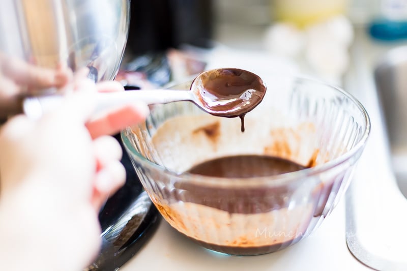 Melt chocolate and butter in the microwave for 30 seconds, stir then microwave again for 30 minutes. Do this until chocolate is melted thru. After chocolate cools down add it to the egg mixture and give it a mix.