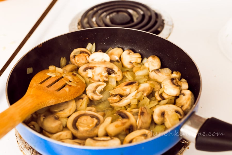 In the skillet with olive oil saute onion on a medium heat until translucent color. Add sliced mushrooms and saute it for about 3-5 minutes. 