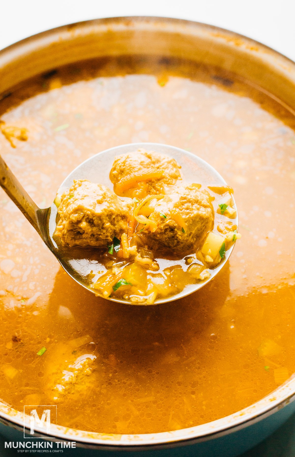 Meatball soup with rice.