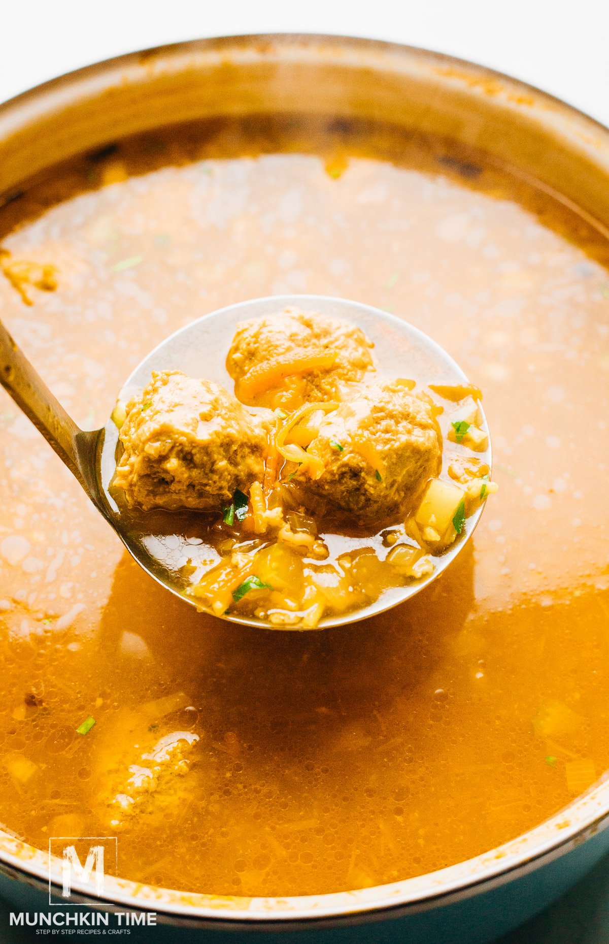 Meatball soup with rice.