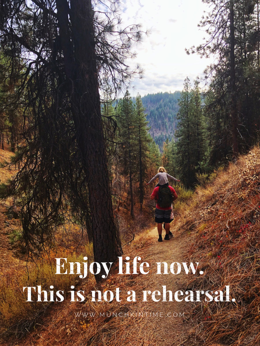 ENJOY LIFE NOW. IT IS NOT A REHEARSAL. A shot of a dad and a daughter hiking together in the forest.