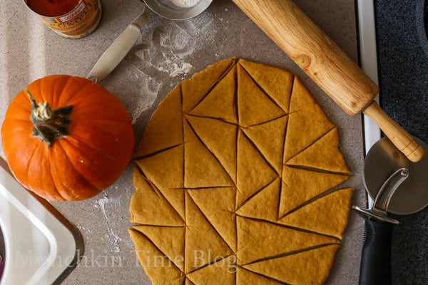 Pumpkin dough sliced into scone shapes.. 