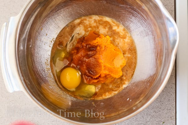 Wet ingredient inside mixing bowl. 