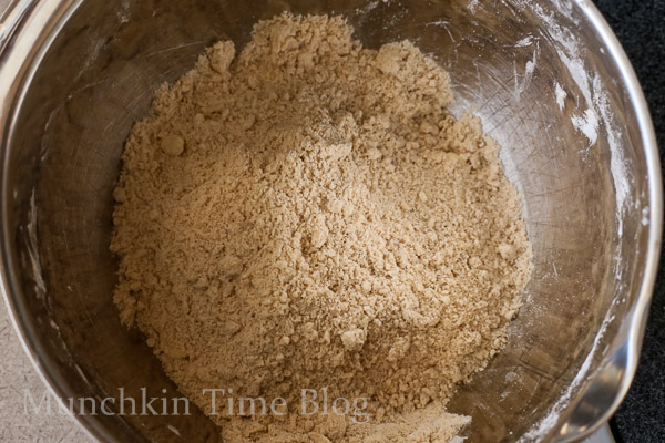 Dry ingredients mixed with butter inside the mixing bowl. 