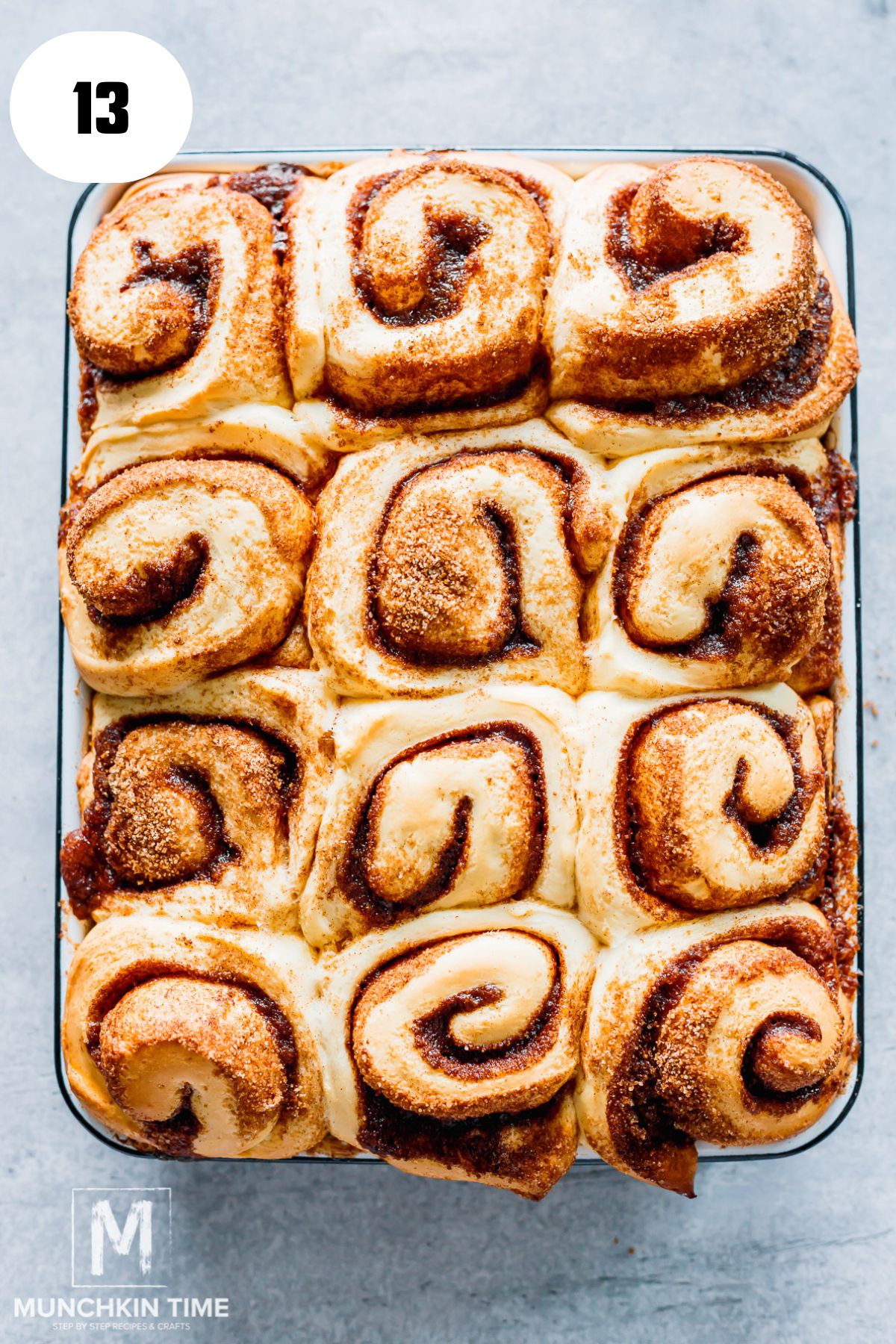Baked cinnamon rolls out of the oven.