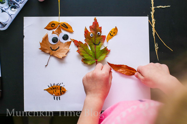 A top shot of the kids craft, fall leafs turned into cute characters.