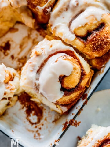 a close up shot of Easy 1 Hour Cinnamon Rolls