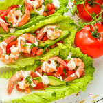 Healthy and delicious Shrimp Lettuce Wraps Recipe - made of Napa cabbage, avocado, tomato, parsey, lemon, pine nuts, mayo, and shrimp. Super delicious and perfect for healthy lunch ideas. #shrimprecipe #healthylunchideas