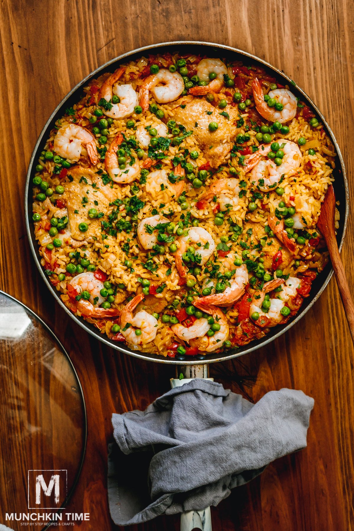 Final shot of Chicken and Shrimp Paella inside the skillet, ready to be eaten. 