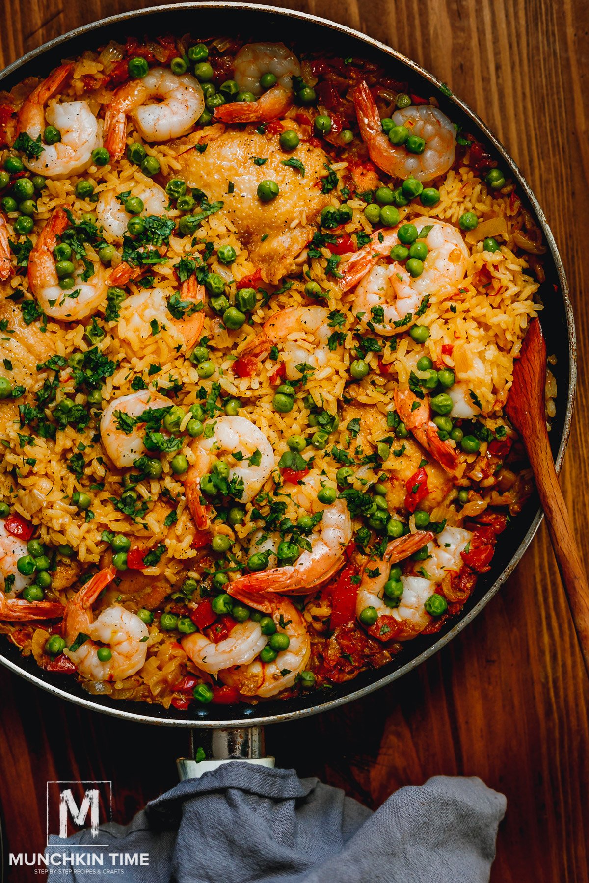 Chicken Thighs and Shrimp Paella inside the skillet, ready to be eaten.