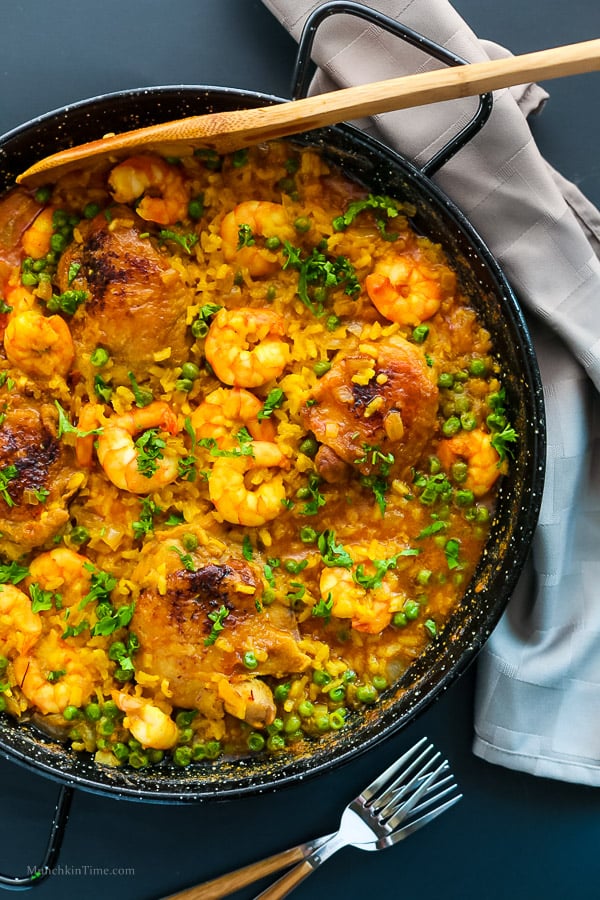 Chicken Thighs and Shrimp Paella Recipe by Love Keil -- www.munchkintime.com #paellarecipe