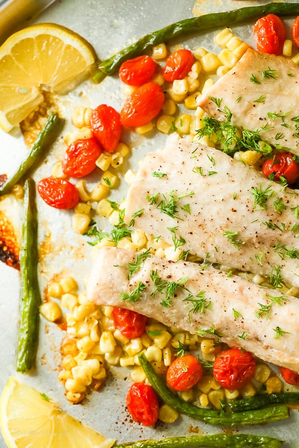 Roasted Mahi Mahi Recipe with Corn Beans Cherry Tomatoes Recipe