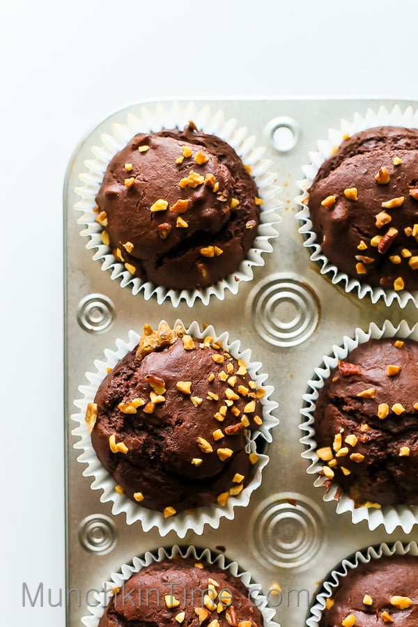Nutty Chocolate Chocolate Chips Muffins Recipe - moist chocolate chocolate chip muffins topped with chopped nuts -- www.munchkintime.com #chocolatechipsmuffins