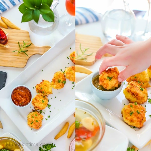 dipping cod fritters into the sauce