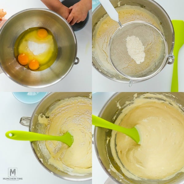 Step by step instructions with 4 images of how to make cake batter.