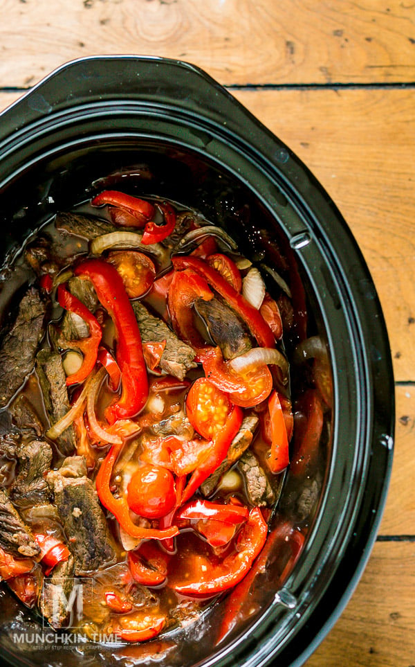 Simple crock pot pepper steak recipe done cooking in slow cooker. 