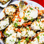 Loaded & Baked Eggplant Recipe - loaded with saute onion, carrots, tomatoes and mozzarella cheese. It's So Good!!!