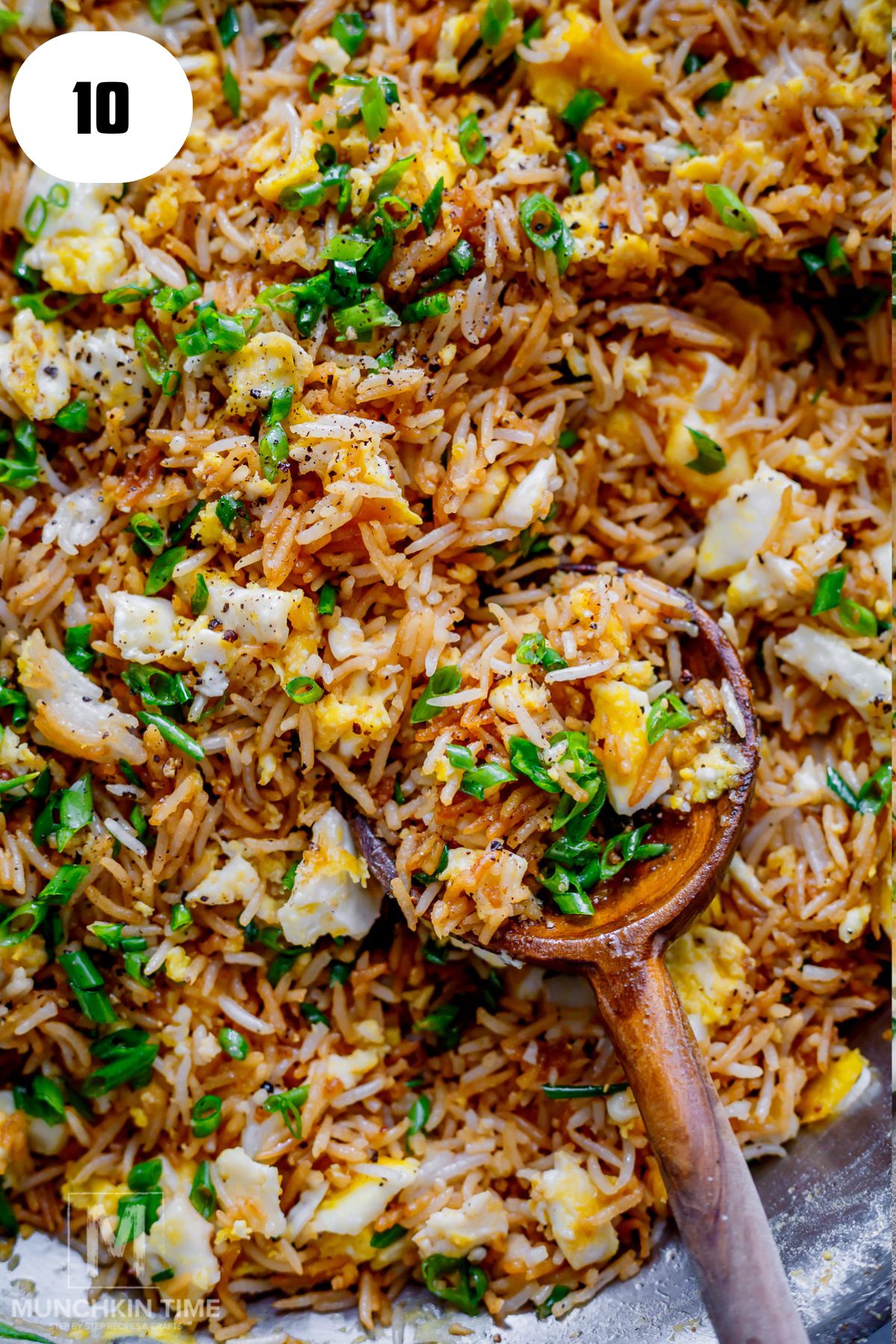 Easy fried rice recipe with egg and green onions ready to serve.