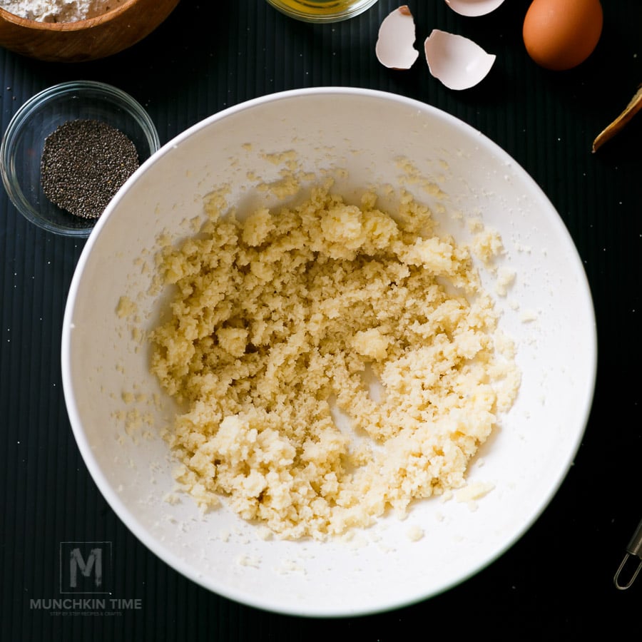 A bowl of butter and sugar, whisked. 