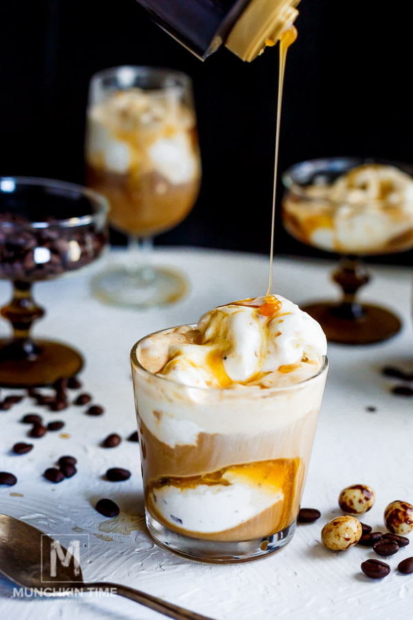 caramel drizzle over ice cream and coffee