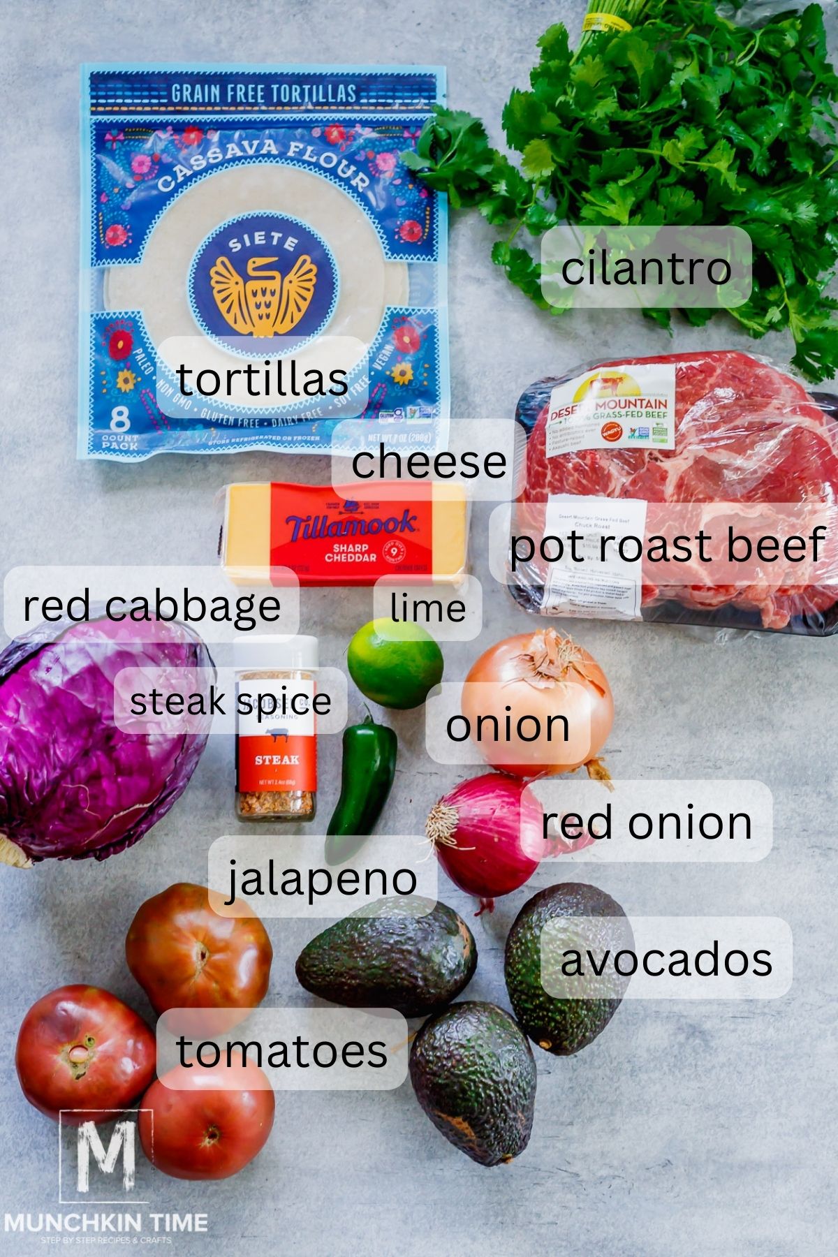Ingredients for Guacamole Beef Pot Roast Tacos.