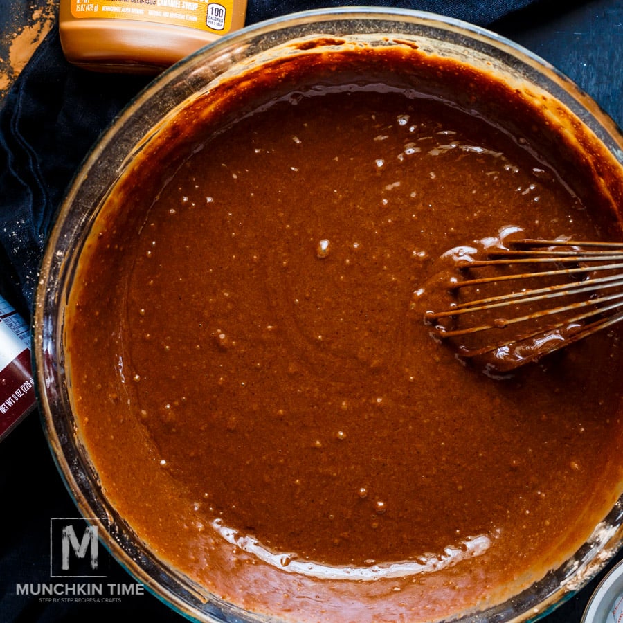 chocolate cake batter in the bowl ready for baking.