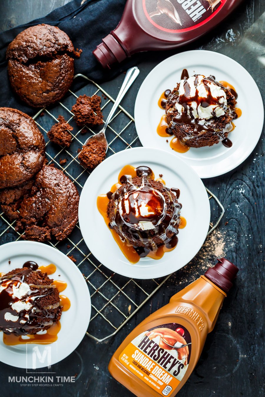 The Best Chocolate Cake a.k.a Molten Lava Cake Step 2. Pour into the center Hershey's Chocolate Syrup, add one ice cream scoop, then drizzle Hershey's Caramel & Chocolate Syrup over the top. Garnish with Hershey's Cocoa Powder. Enjoy!