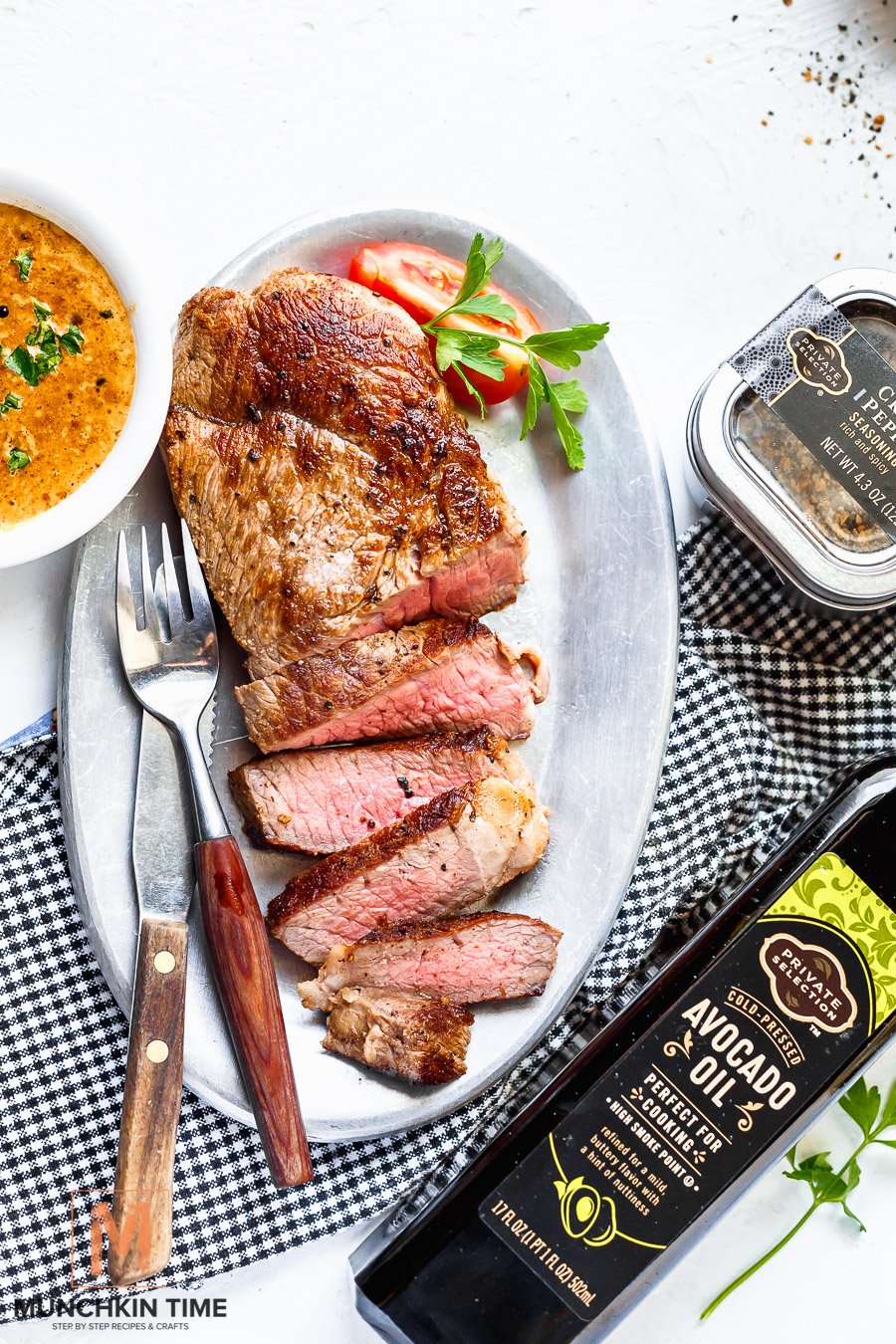 Easy Steak au Poivre Recipe - It is made of high quality sirloin steaks, Private Selection Cracked Peppercorn Seasoning Rub, my favorite Private Selection Avocado Oil,  and a Secret Ingredient to make a delicious Pepper Sauce for Steak.