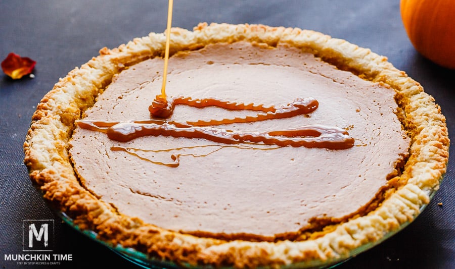 Caramel drizzle over baked gluten free pumpkin pie.