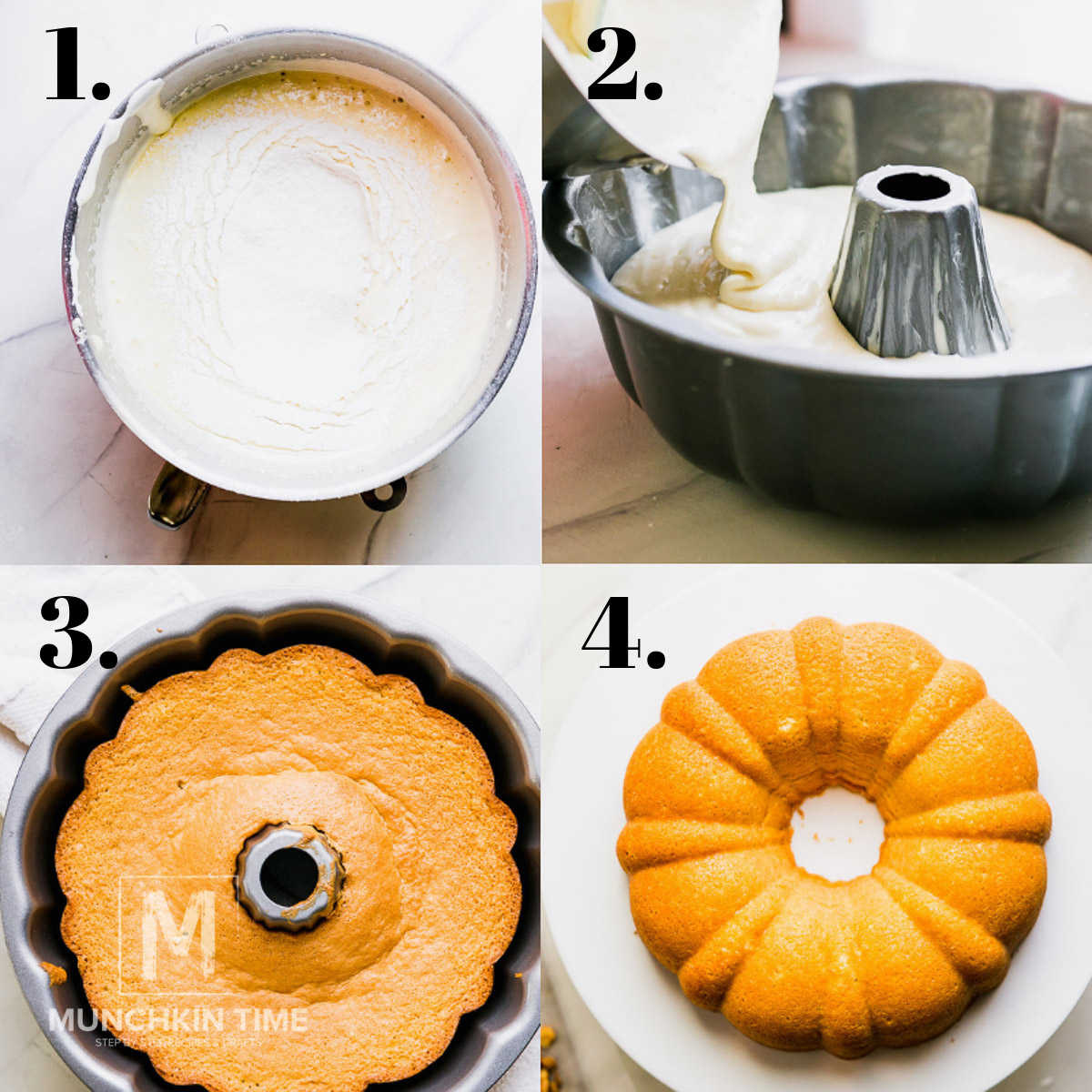 A bowl of cake batter. A bundt pan with a cake batter. A cake inside the bundt cake. A bundt cake on a white circle plate. 