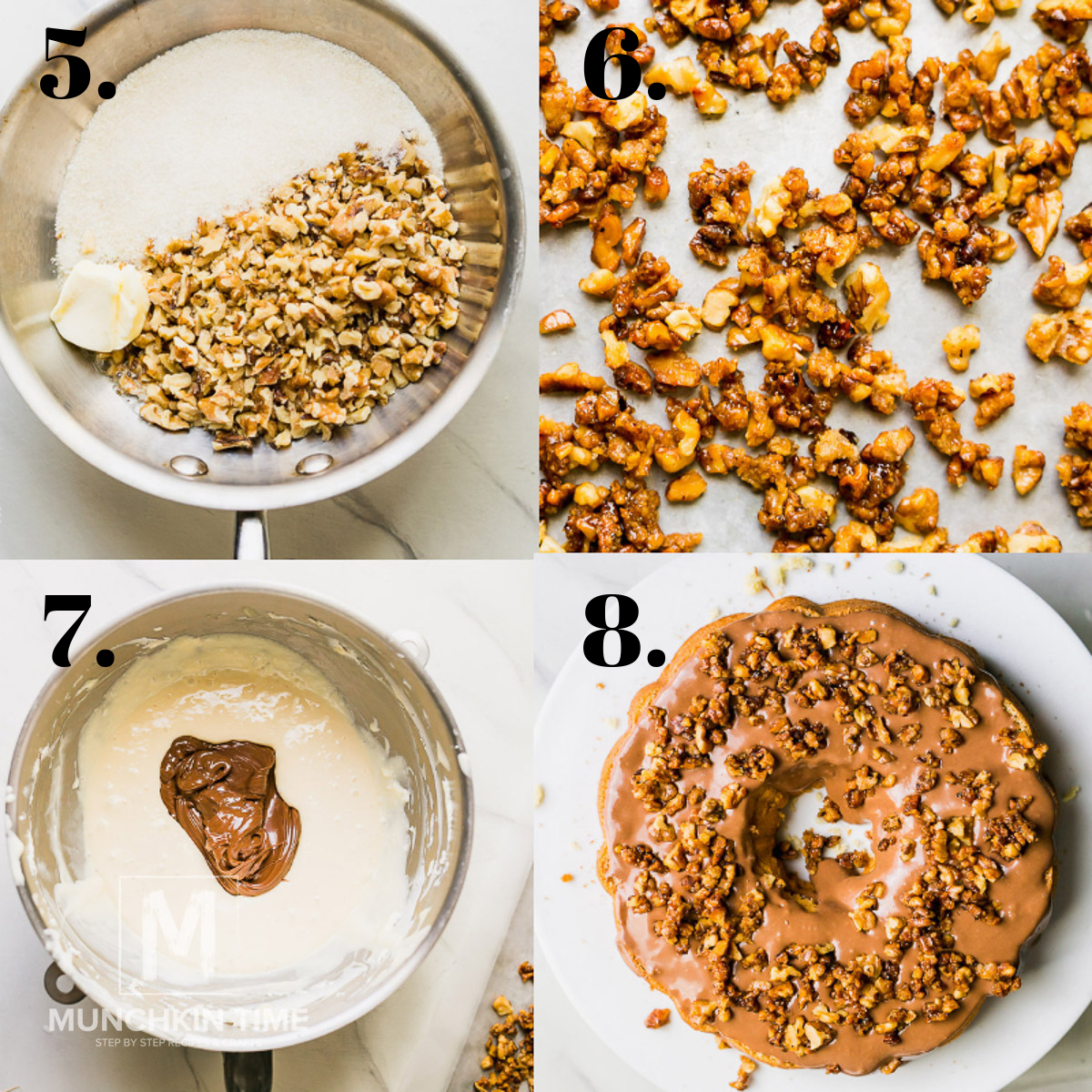 Sugar, walnuts and butter inside the skillet. Candid walnuts in the skillet. Candid walnuts on a bundt cake with cake cream. 