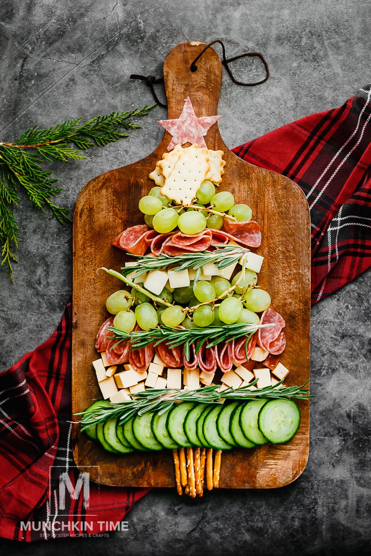 Christmas Tree Meat and Cheese on a wooden board. 