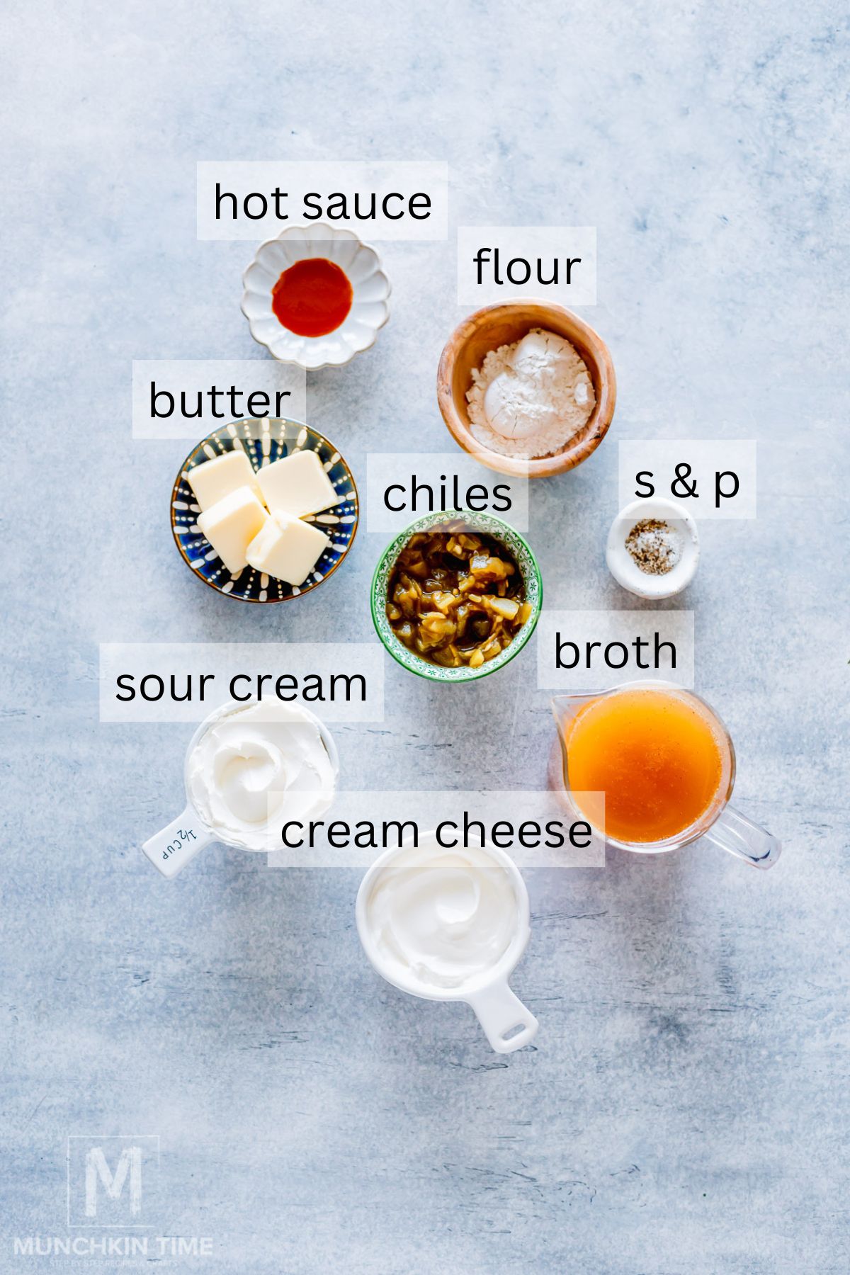 Top-down view of ingredients labeled as hot sauce, flour, butter, chiles, salt & pepper, sour cream, broth, and cream cheese on a light surface.