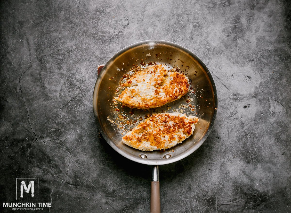 Chicken breast seared for 3 minutes on both sides or until golden color (in this step you want to get the flavorful golden sear, the chicken breast will finish cooking in the oven).