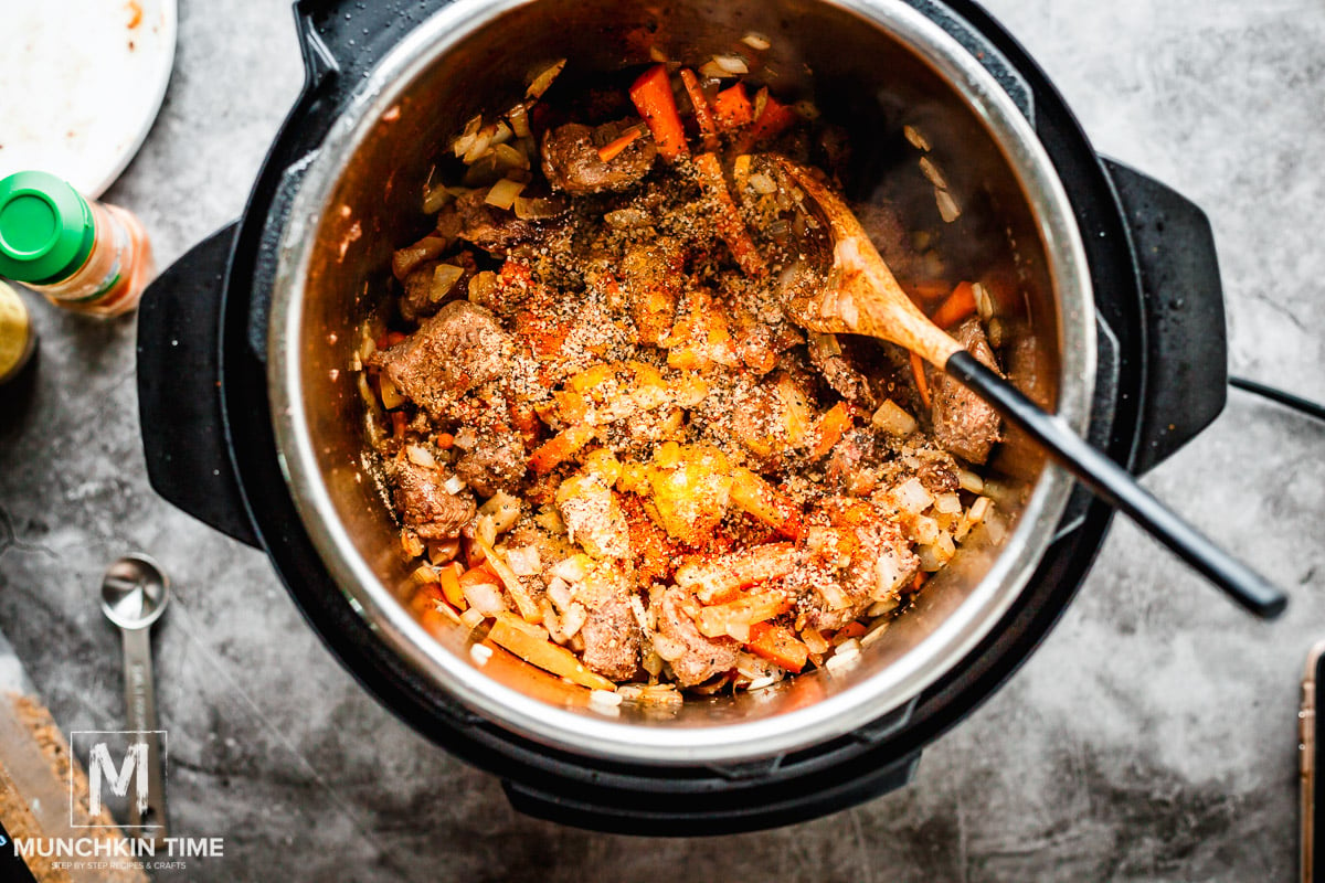 Return cooked antelope to the Instant Pot and season with 1 teaspoon ground turmeric, 1 teaspoon paprika, 1 teaspoon ground coriander and 2 teaspoons Montreal spice, salt and ground black pepper, to taste. 