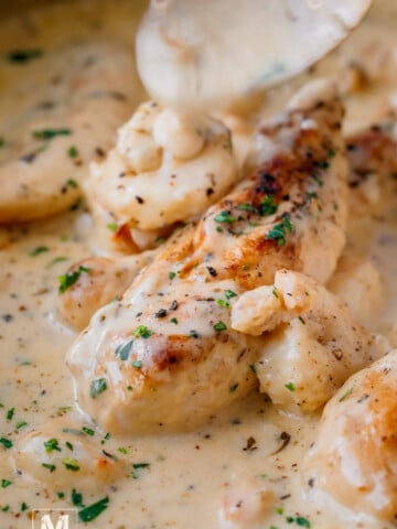 Chicken and shrimp Alfredo in a skillet