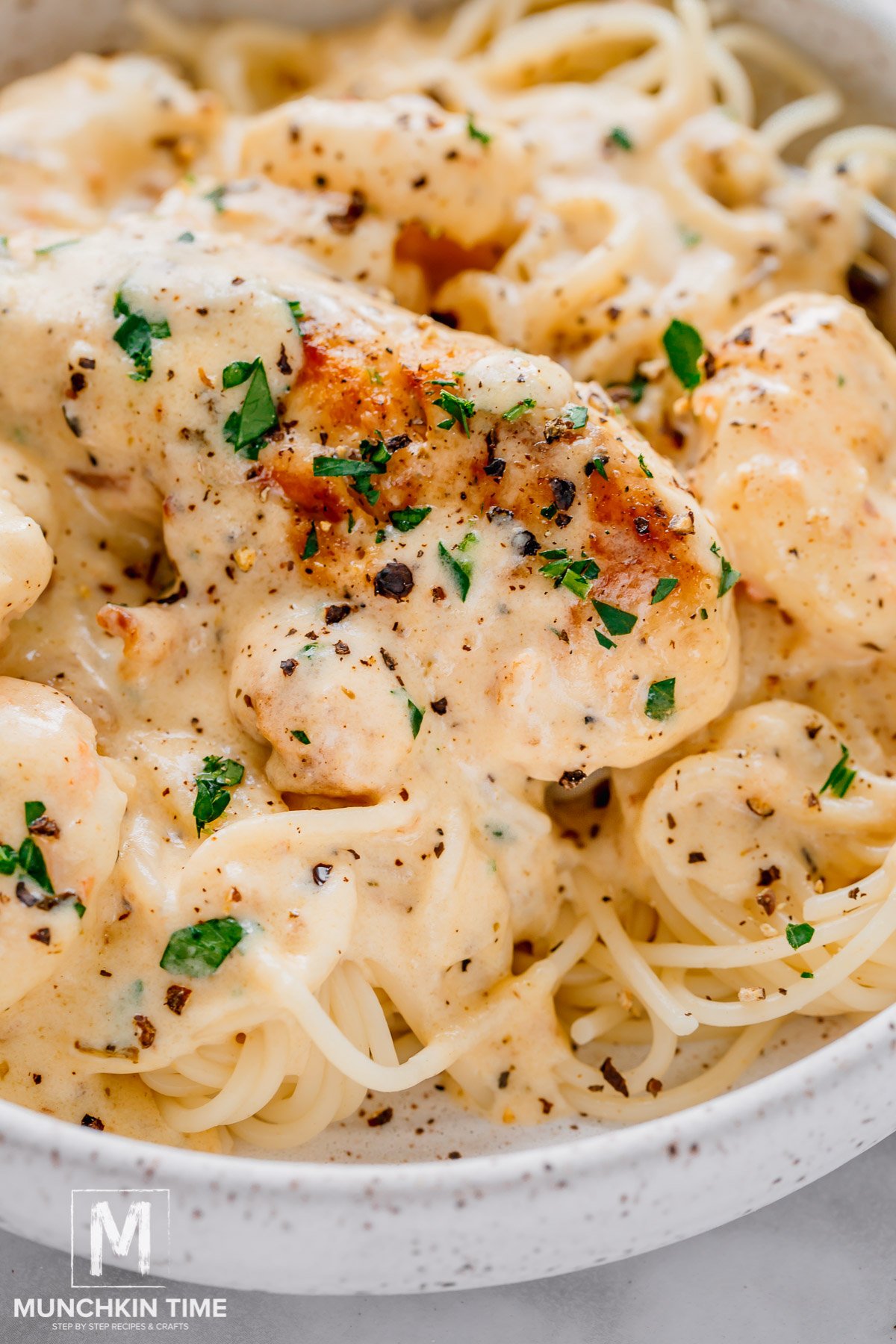 Chicken and shrimp Alfredo in a skillet