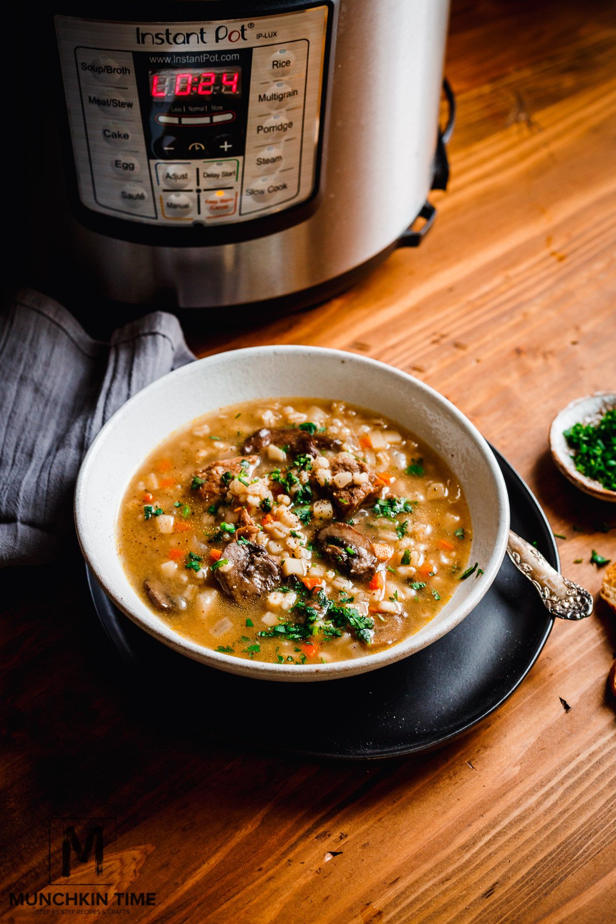 Instant Pot Beef and Barley Soup Recipe is ready to be served.