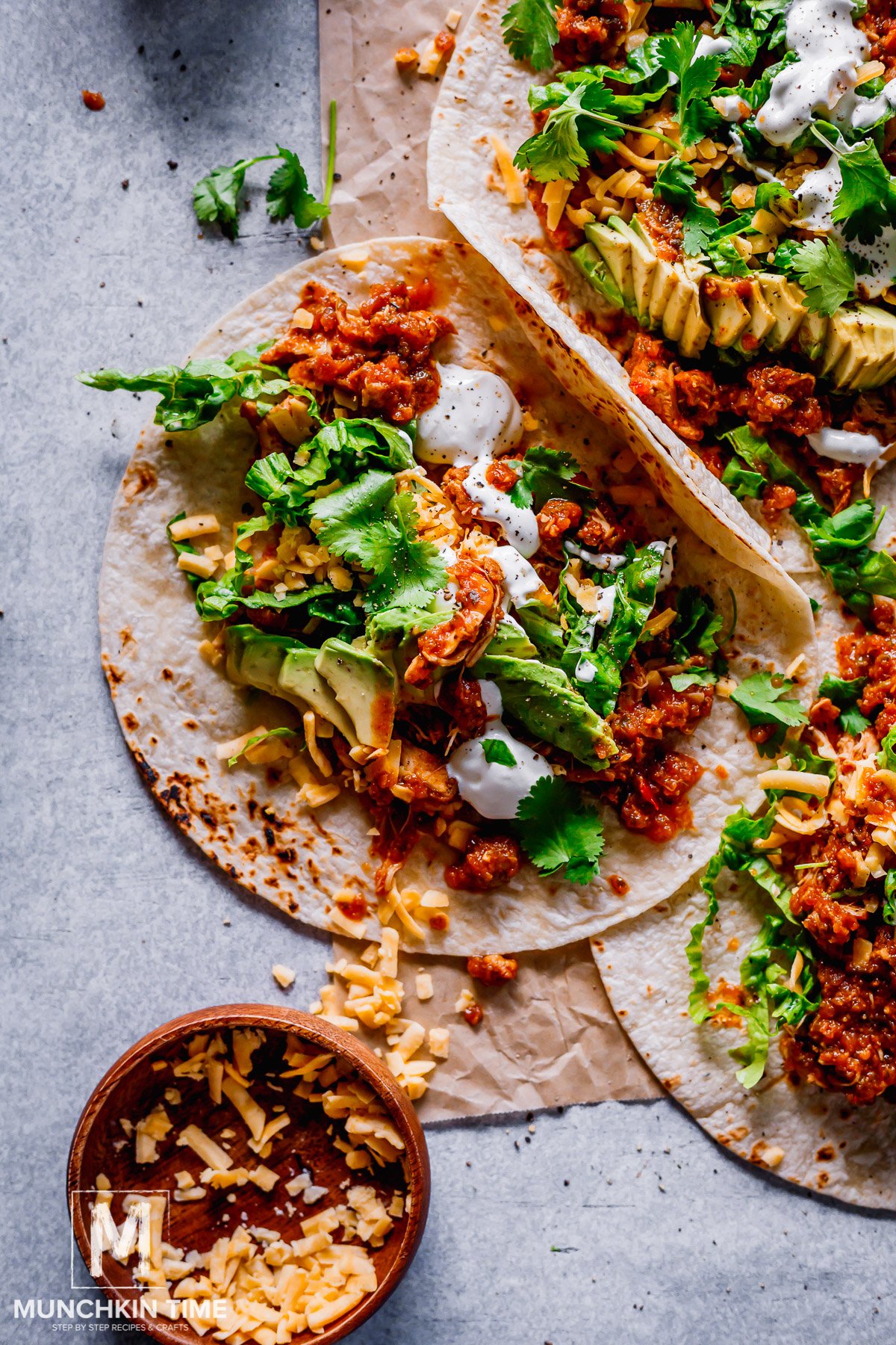 chicken tacos with toppings.