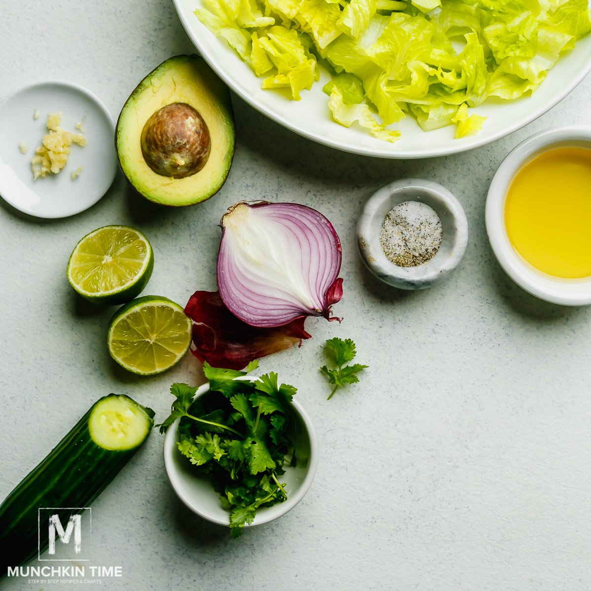 Ingredients on the table ready to be cut for the salad.