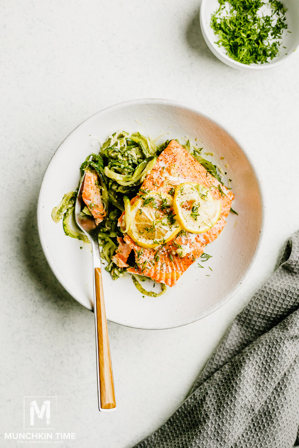 Zucchini Noodles with Pesto Baked Salmon with garlic and lemon.