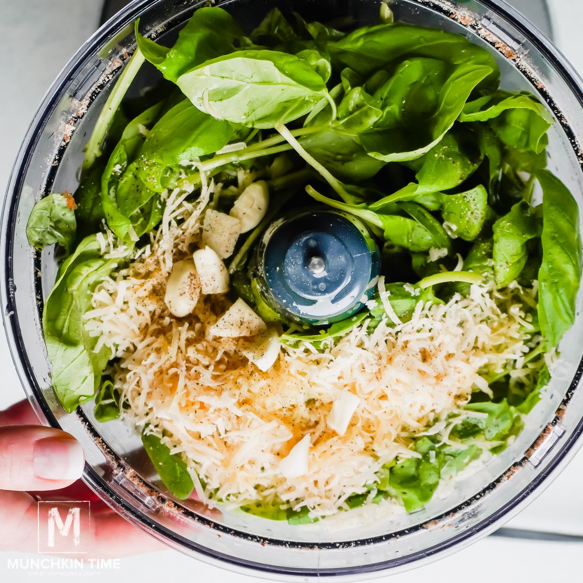 Basil, cheese, almonds and garlic inside the food processor. 